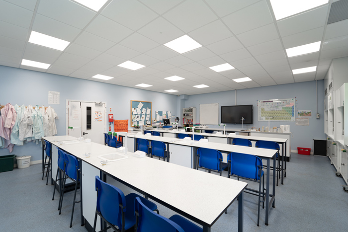 A well-lit school classroom